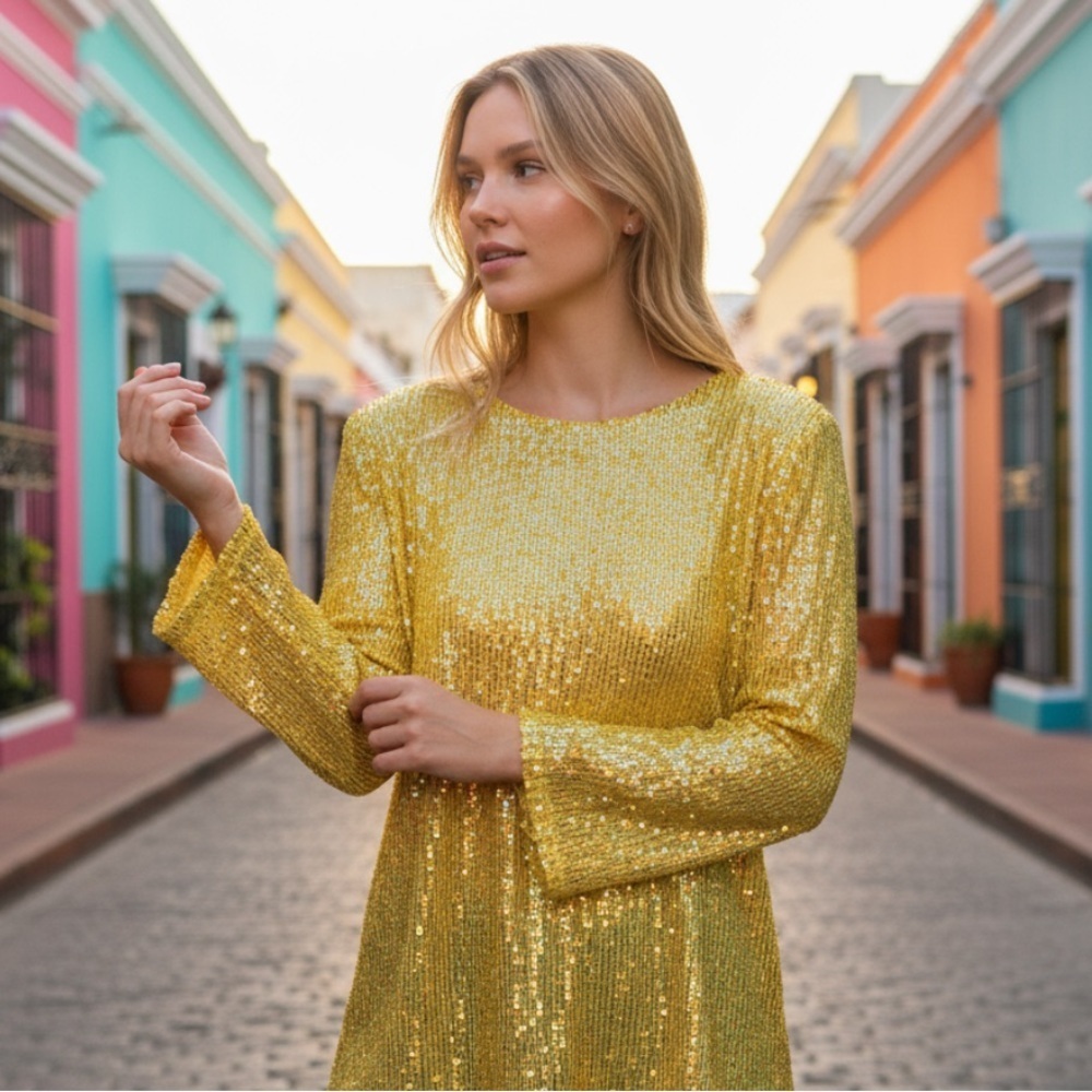 Yellow sequin long sleeve party dress 14
